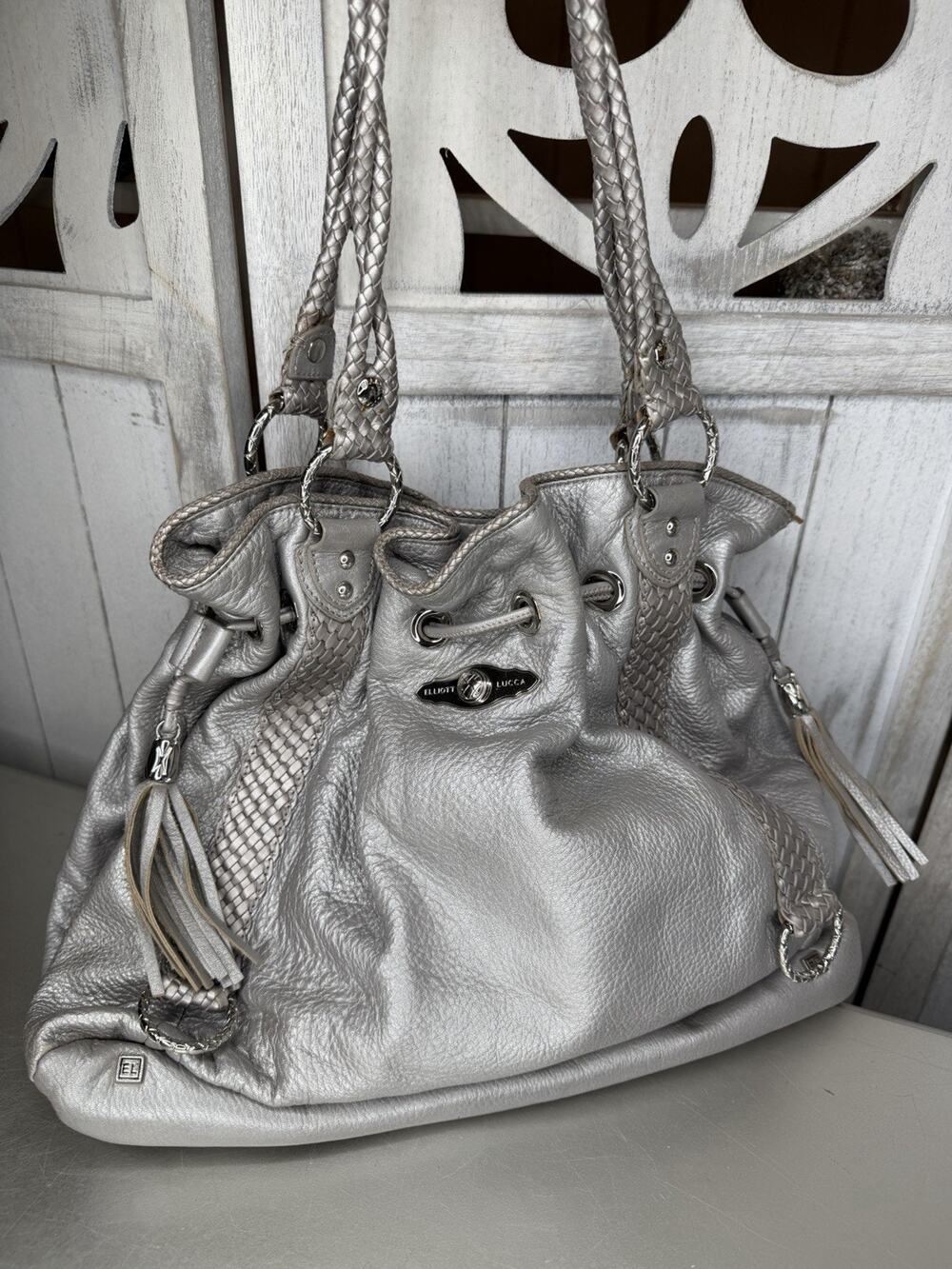 ELLIOTT LUCCA Silver Pebbled Leather Hobo Bucket Drawstring Shoulder Handbag Y2K